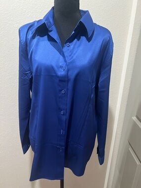 Women's Satin Button-Front Blouse in Cobalt Blue